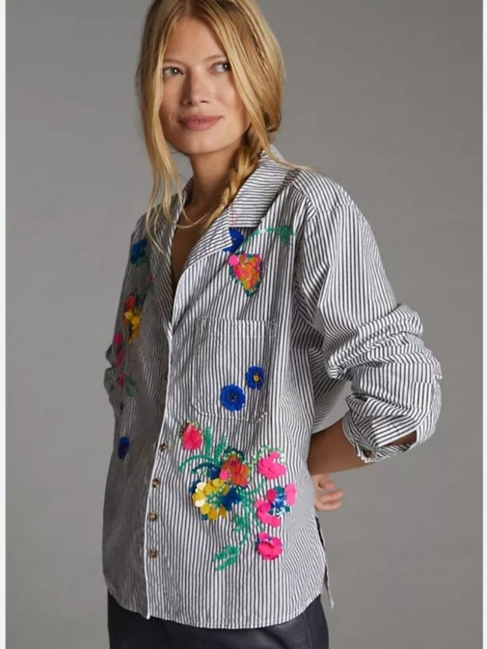 Anthropologie Maeve Floral Sequin Striped Button Down Shirt Navy White 2